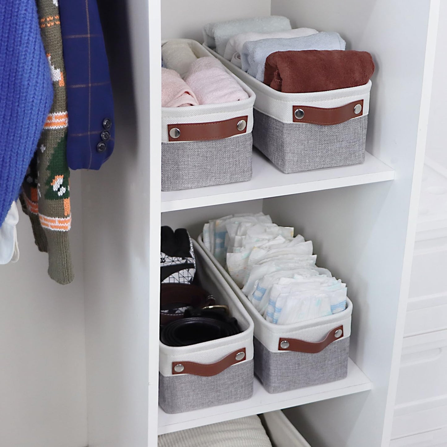 Univivi 4PC Small Fabric Storage Bins,15x6x5 inch Long Narrow Storage Baskets with PU Handles for