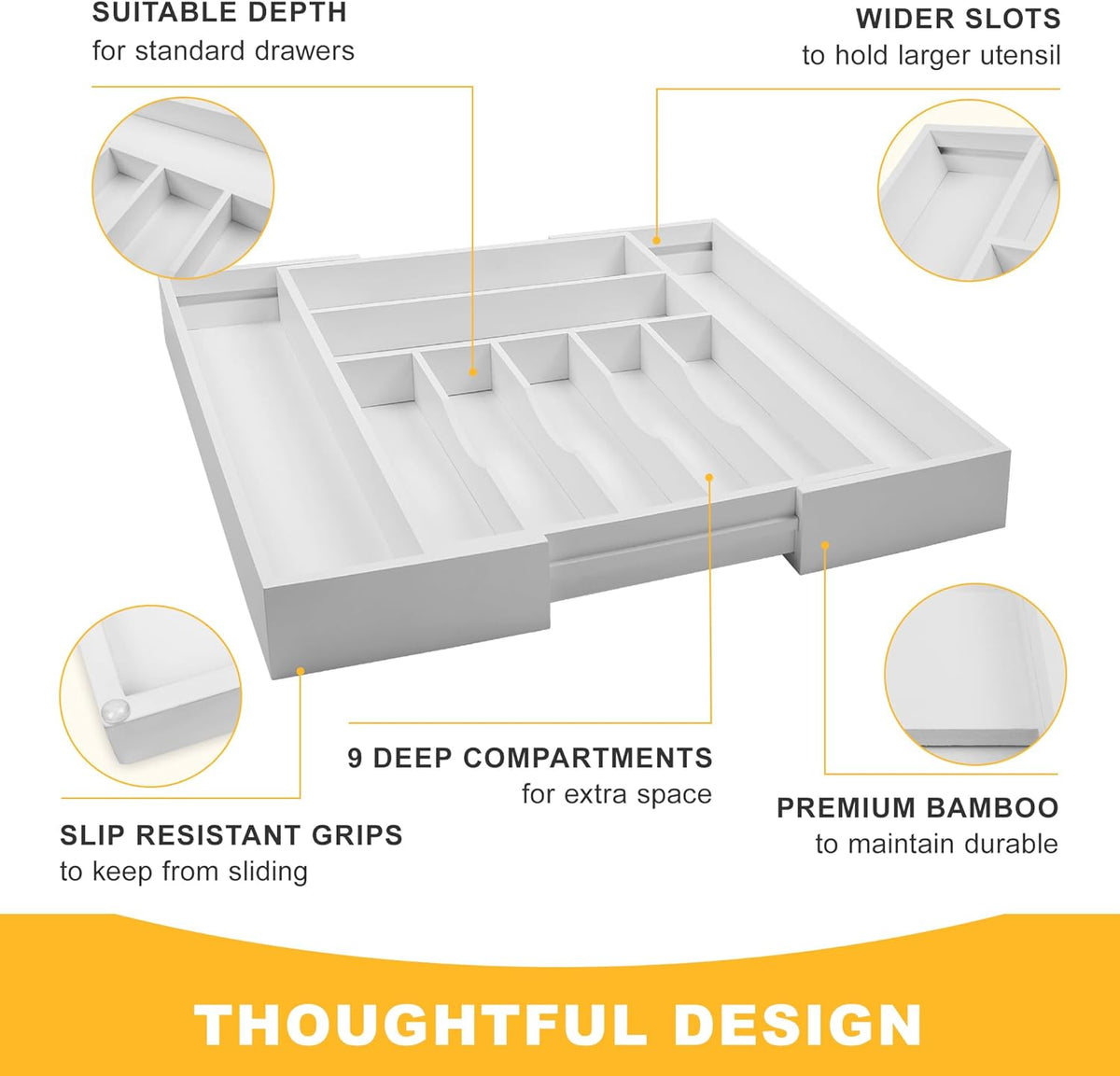 Large Premium Bamboo Silverware Organizer - Expandable Drawer Organizer & Utensil Organizer
