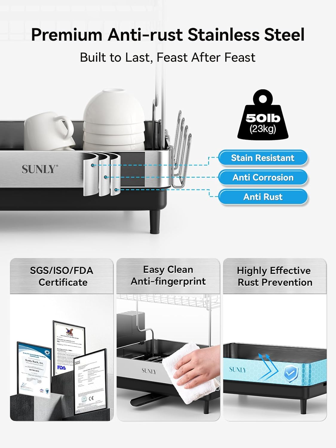 SUNLY 2 Tier Dish Drying Rack, Extra Large Dish Rack, Expandable Dish Racks for Kitchen Counter