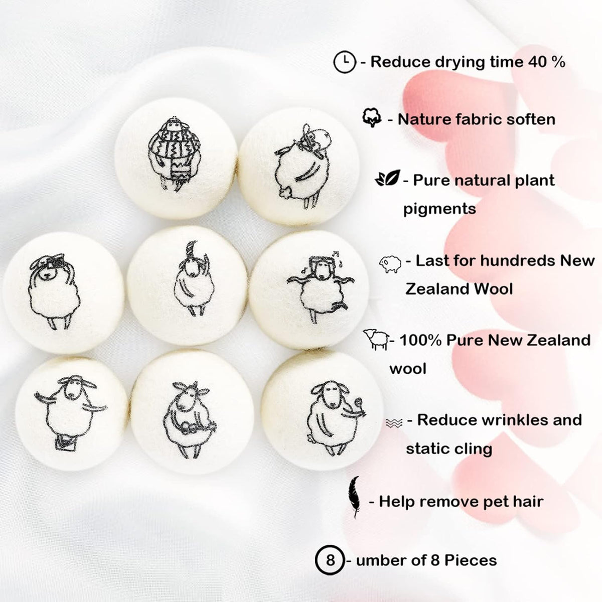 Wool Dryer Balls, 8PCS Dryer Balls with Happy Sheep - Natural & Organic, 100% New Zealand Wool