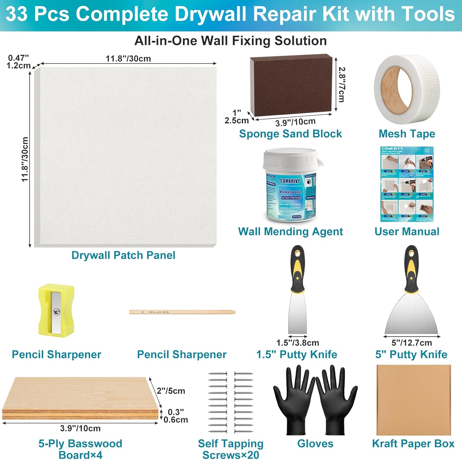 Drywall Repair Kit with 12"x12" Dry Wall Repair Panel, 33-in-One Drywall Patch Kit Wall Patch