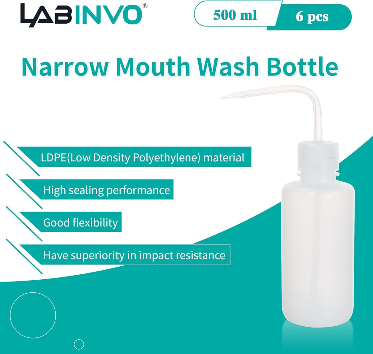 6pcs of Economy Wash Bottles, Vol.500ml (17oz), Narrow-Mouth, Self-Venting Safety Wash Bottles