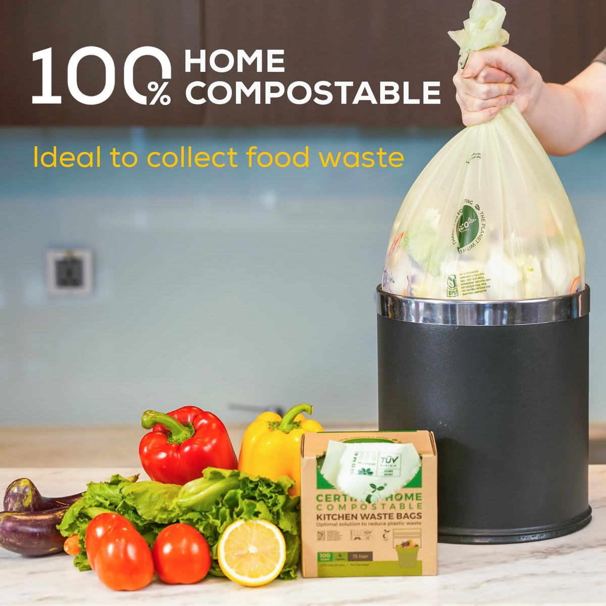 ANECO Compostable Trash Bags 4 Gallon (Flat-Top, 100 Count), Extra Strong for Medium Kitchen