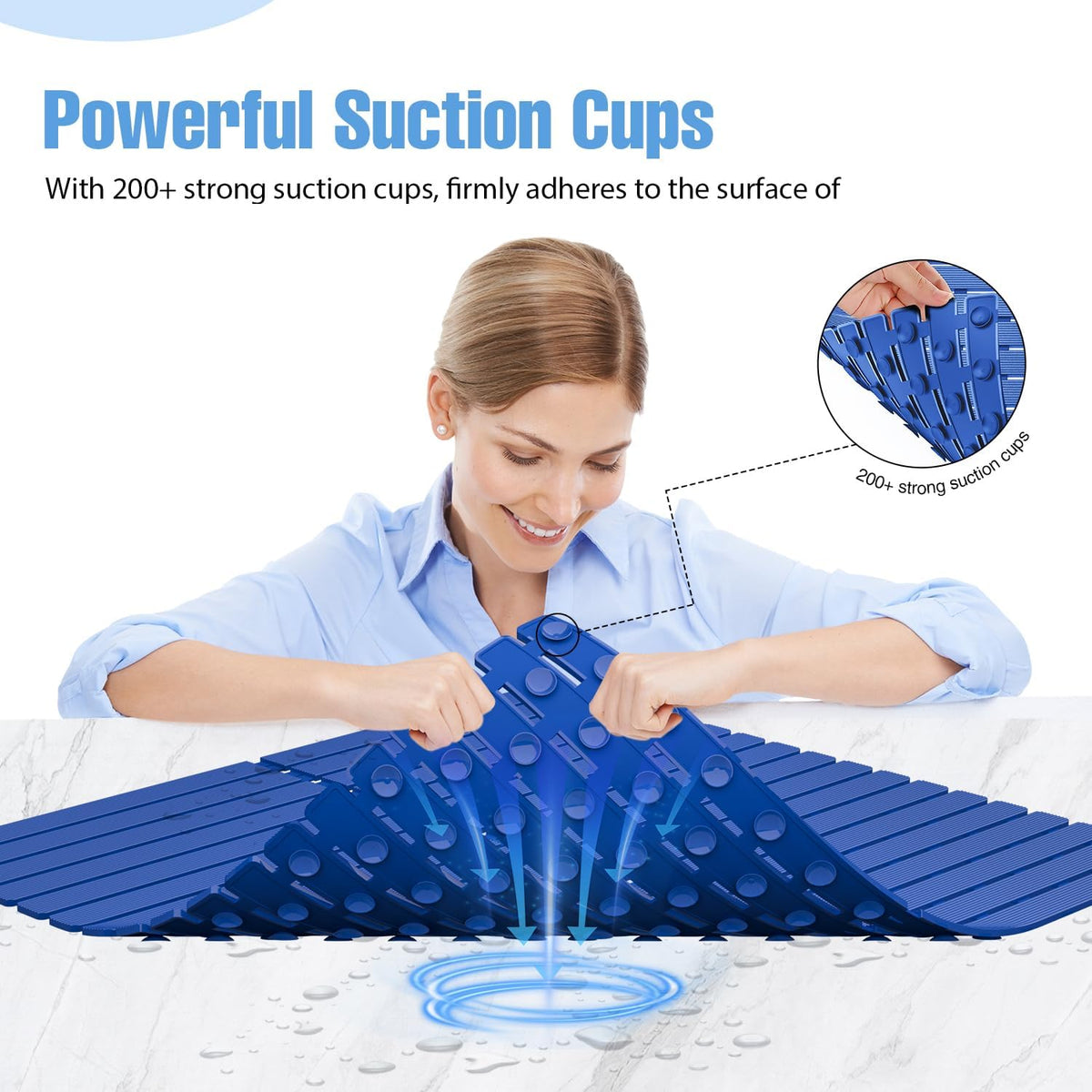 Shower Mat Non-Slip Bath Mat for Tub Floor & Stall with 200+ Suction Cups & Drain Holes, Quick Dry