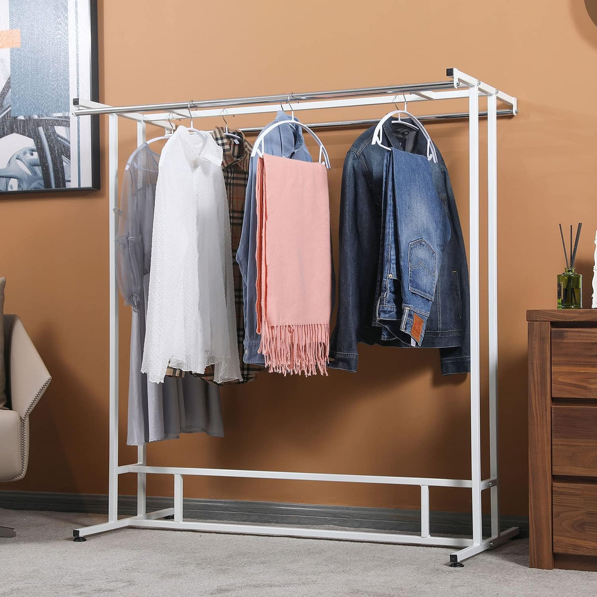 MyGift White Stainless Steel Freestanding Garment Rack, Heavy Duty Double Rod Clothes Rack Clothing