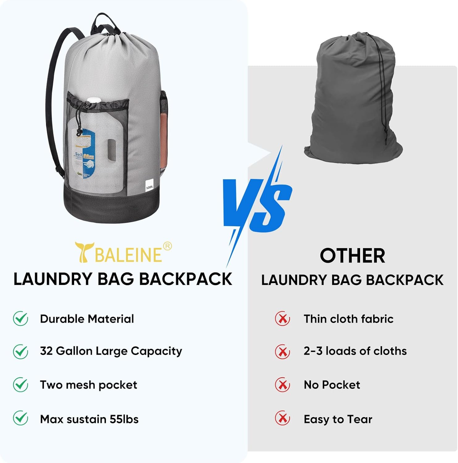 BALEINE 150L Laundry Bag Backpack, 900D Oxford Fabric Large Travel Laundry Bags with Shoulder