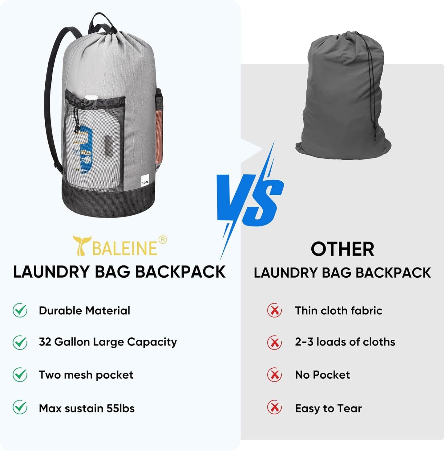 BALEINE 120L Laundry Bag Backpack, 900D Oxford Fabric Large Travel Laundry Bags with Shoulder