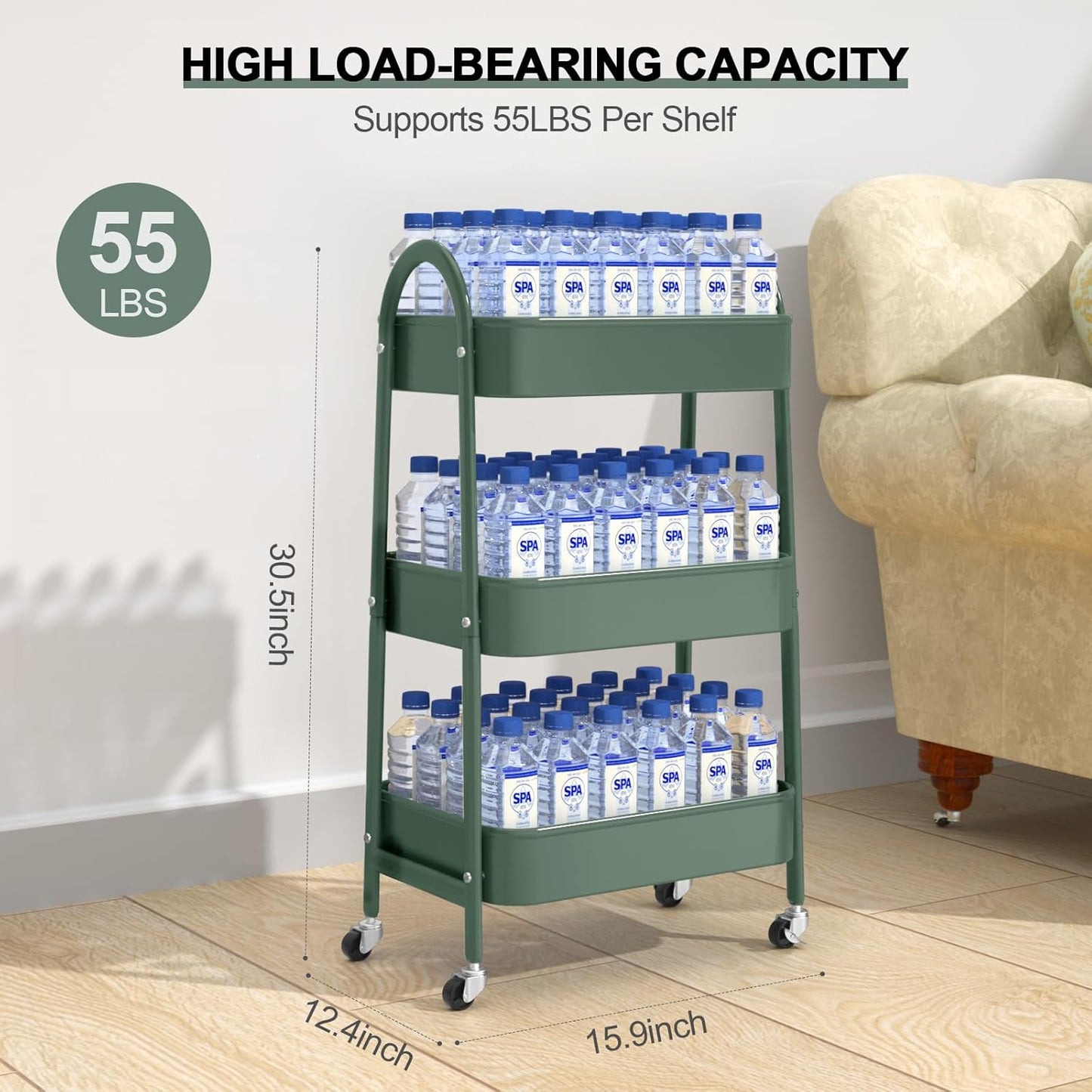 EAGMAK 3 Tier Utility Rolling Cart, Metal Storage Cart with Handle and Lockable Wheels