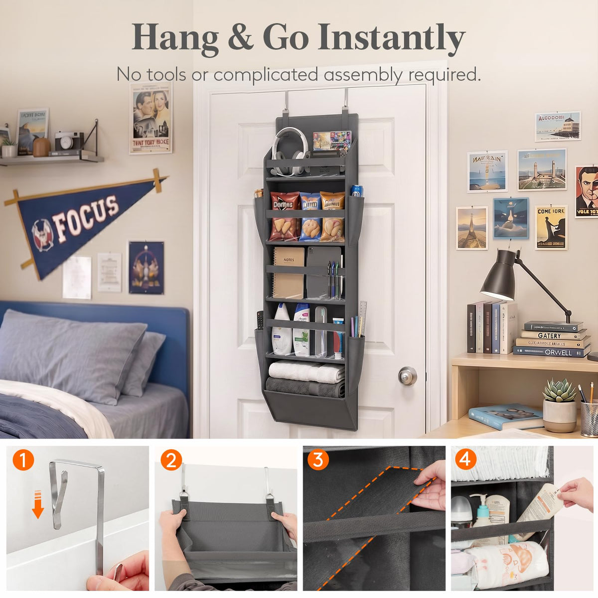 Lifewit 1 Pack Over the Door Organizer, Dark Gray, 40 lbs, Clear – view 5