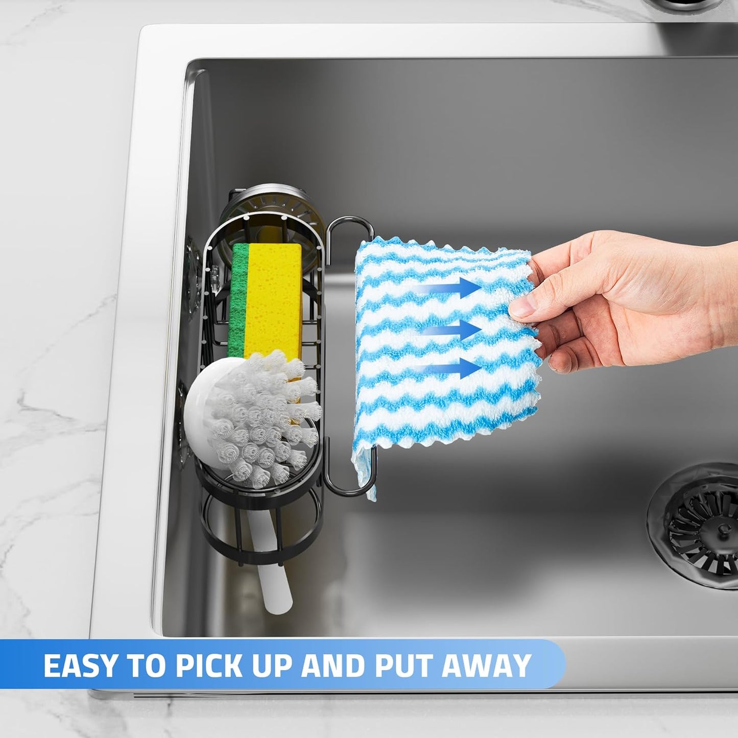 Cisily Kitchen Sink Caddy Sponge Holder in The Sink, Stainless Steel Kitchen Sink Organizer, Brush