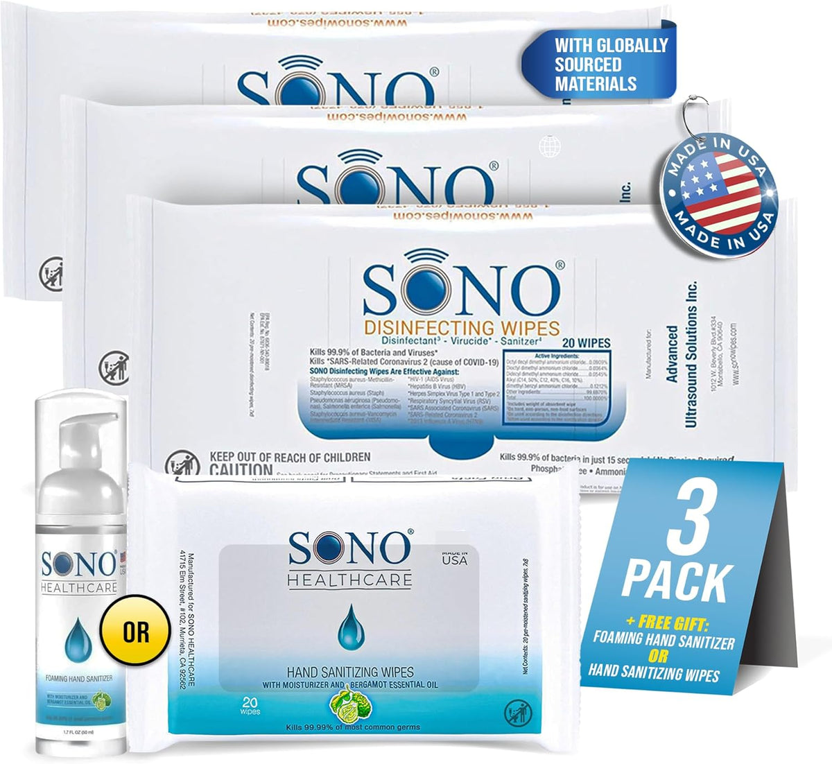 SONO Disinfecting Wipes - 60 Count (Pack of 3) + Sanitizer, Travel Size, Alcohol-Free, No Bleach