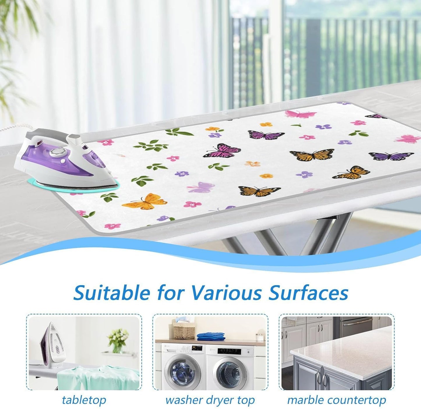 Pretty Butterfly Flower Ironing Mat for Table top Portable Ironing Pad Blanket for Washer Dryer