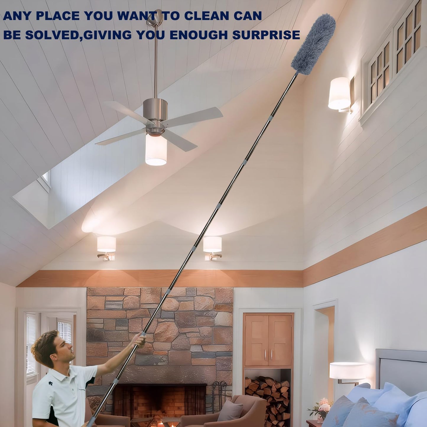 20+ Ft High Reach Ceiling Fan Duster & Cobweb & Corner Brush Duster with 3-14 ft Spliceable Pole