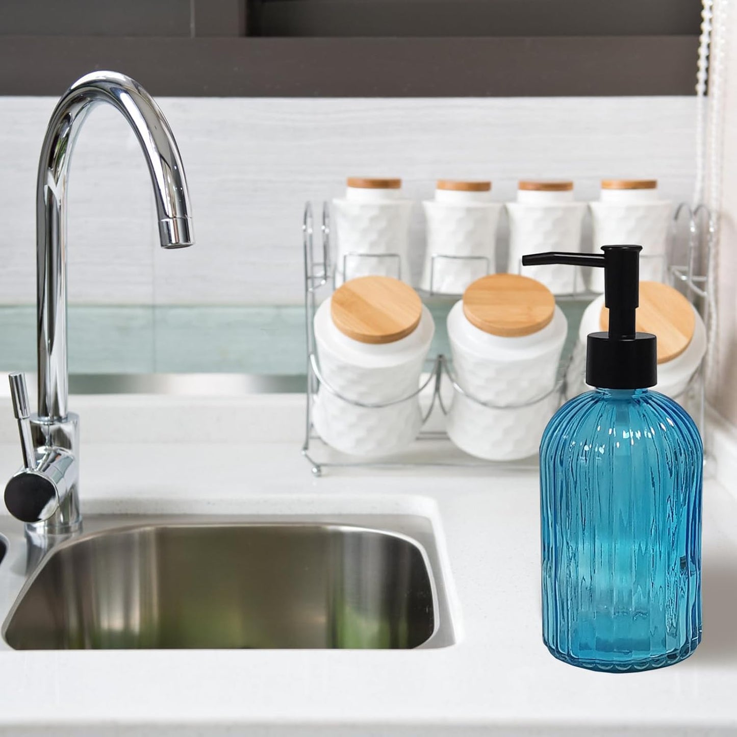 Blue Glass Soap Dispenser Set with Black Pump, 13.5oz Refillable Hand Dispenser, Lotion Dish Soap