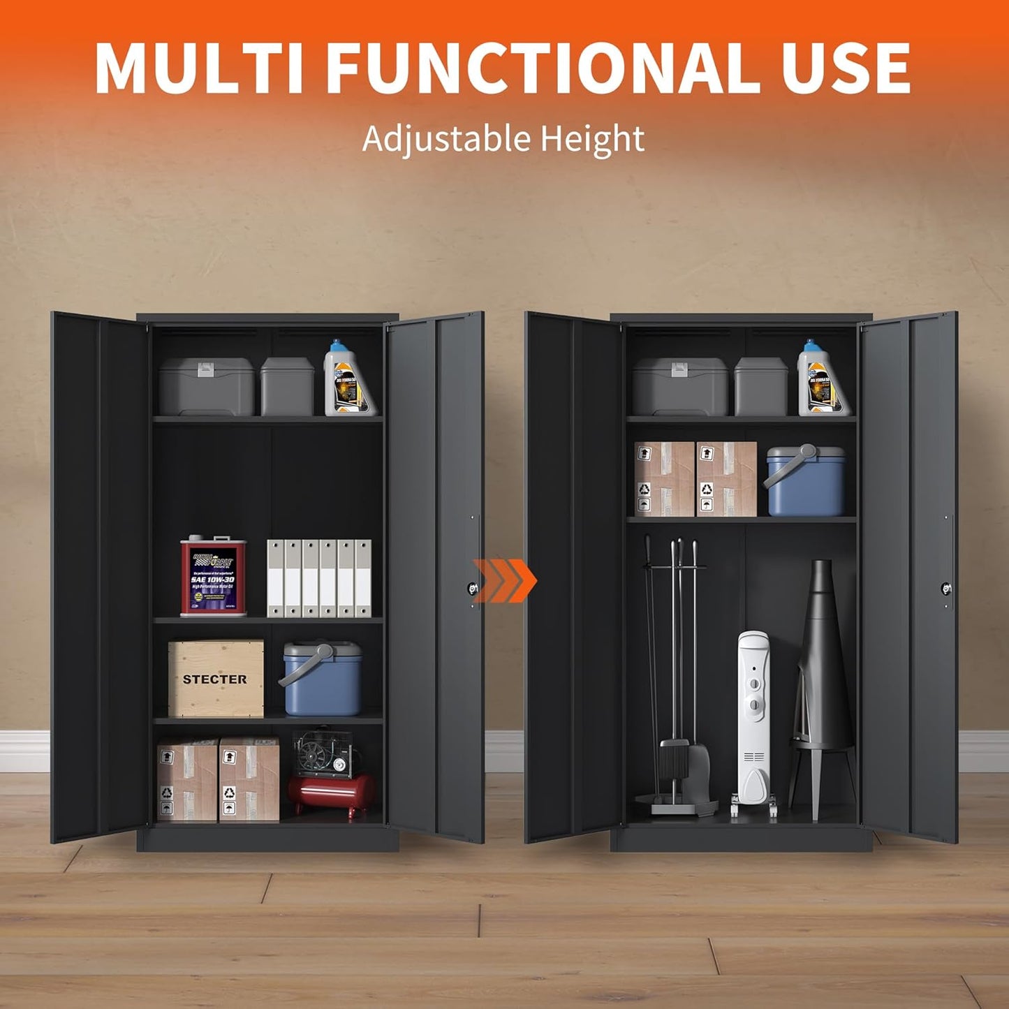 Metal Storage Cabinet with Adjustable Shelves, Garage Tool Cabinet with 2 Lockable Doors for