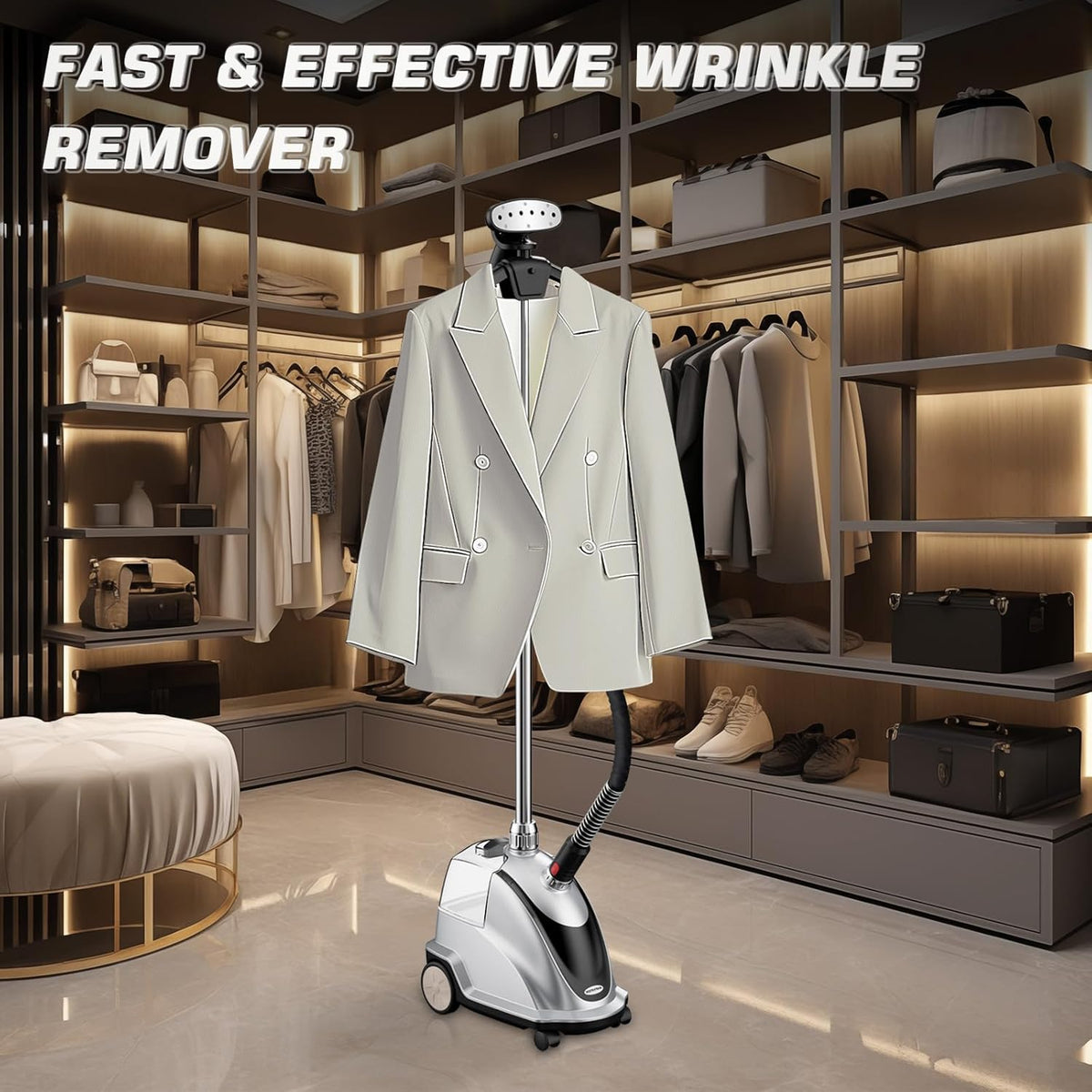 Anthter Steamer for Clothes, 1500W Powerful Standing Garment Steamer with Roll Wheels, 2.4L Water