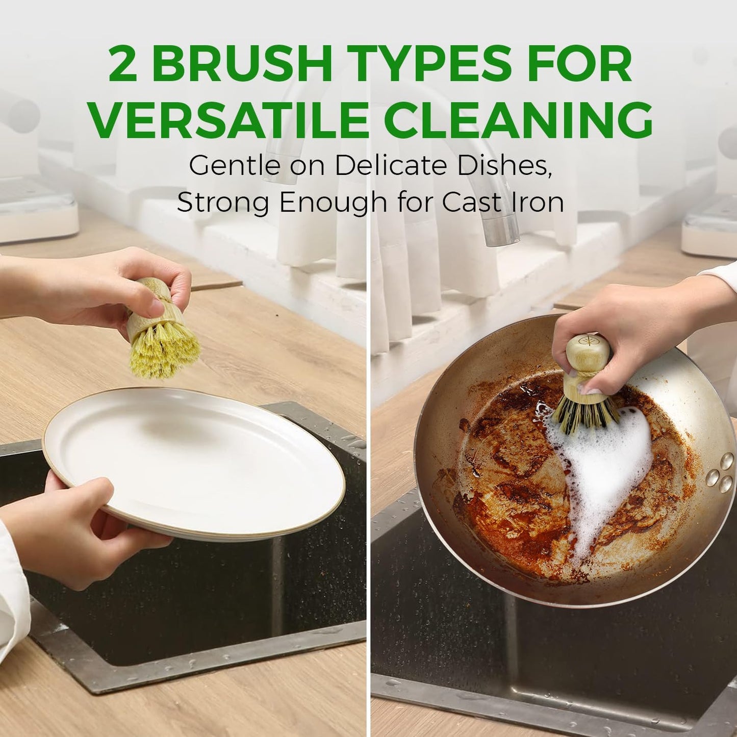 Bamboo Dish Brush Set of 3-100% Plastic Free Kitchen Scrubber with Medium Stiff Sisal and Strong