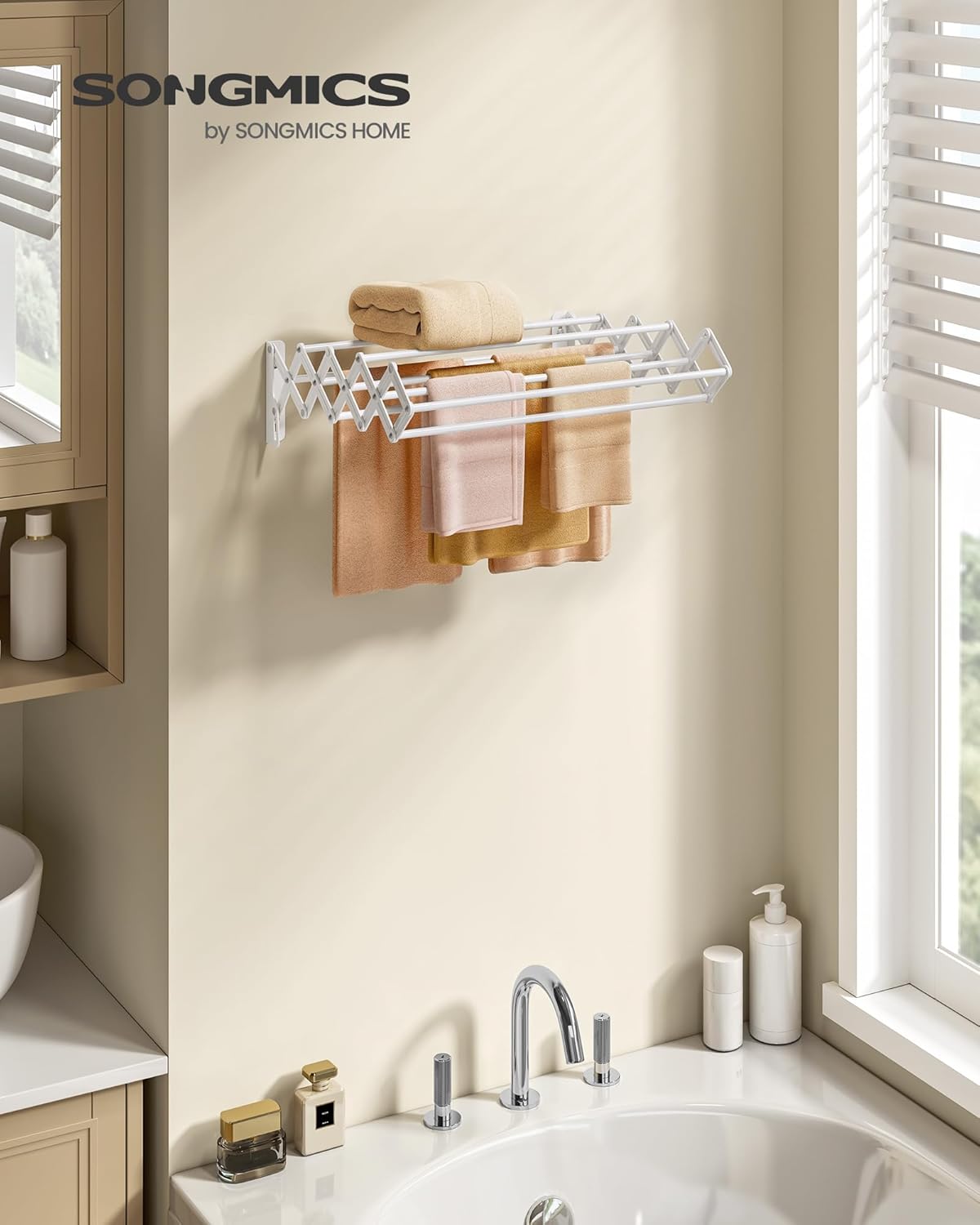 SONGMICS Clothes Drying Rack, Wall-Mounted Drying Rack Clothing, Small Accordion Laundry Rack, 9