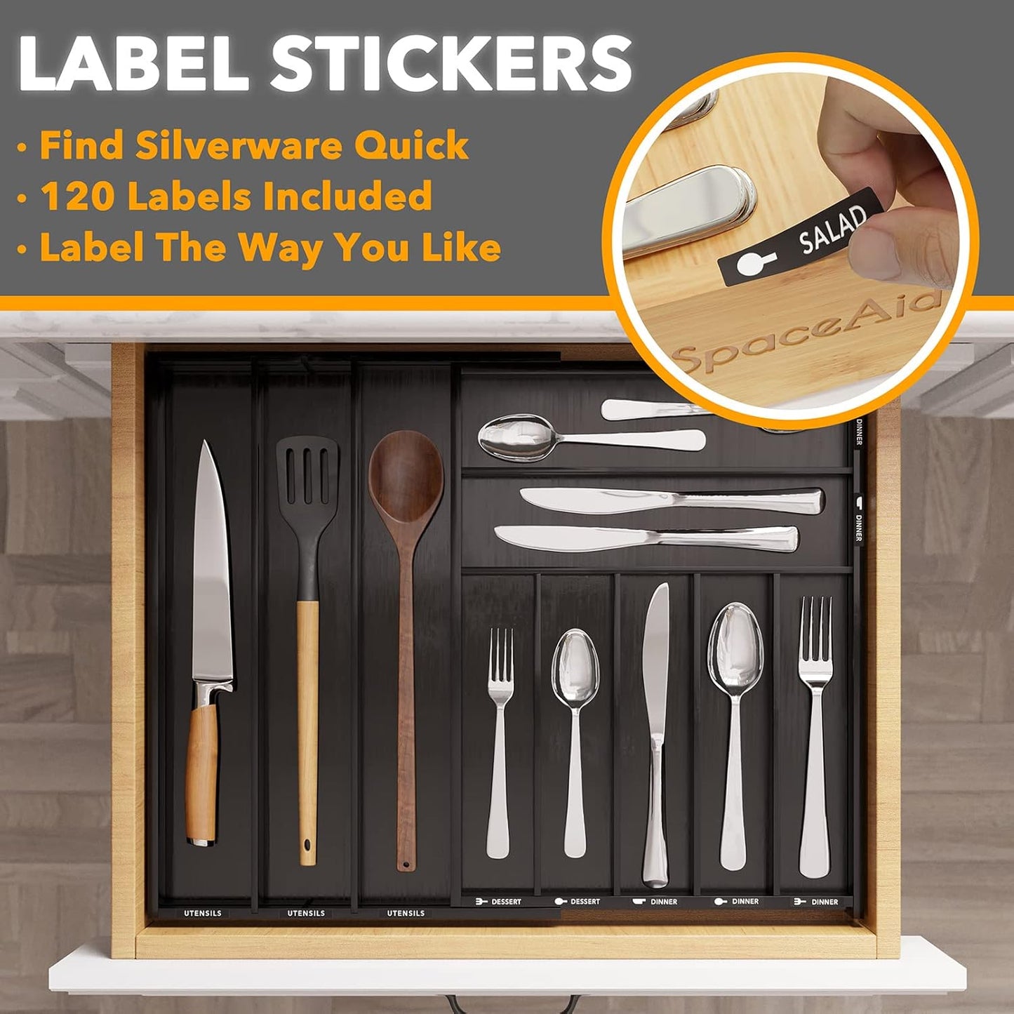 SpaceAid Bamboo Silverware Drawer Organizer with Labels, Kitchen Utensil Expandable Tray Holder