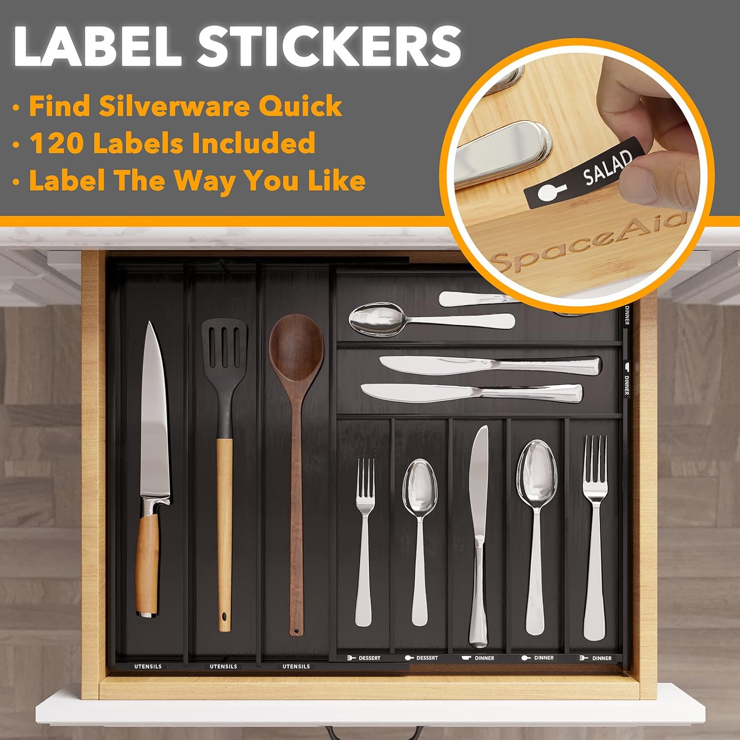 SpaceAid Bamboo Silverware Drawer Organizer with Labels, Kitchen Utensil Expandable Tray Holder