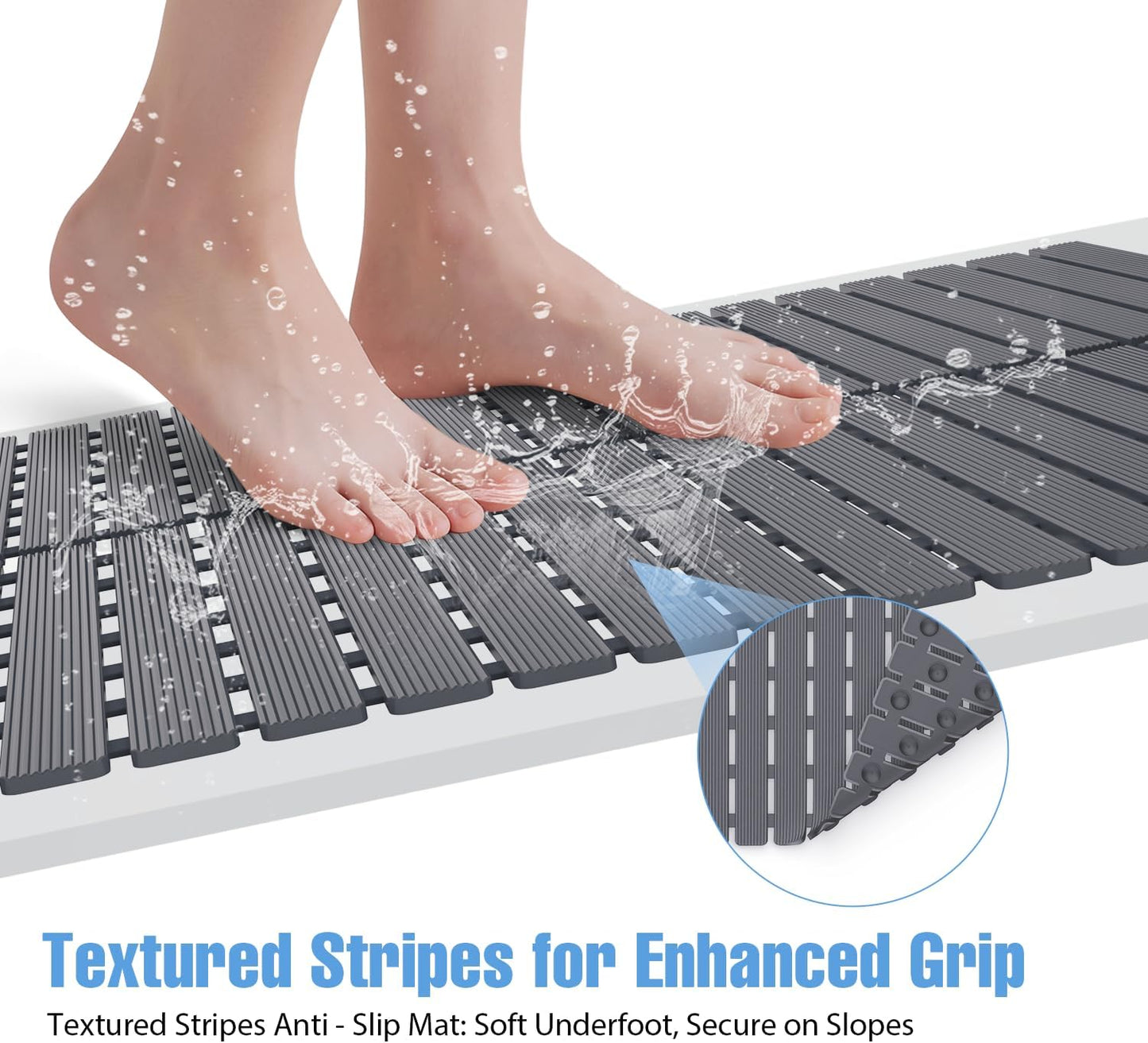 Shower Mat Non-Slip Bath Mat for Tub Floor & Stall with 200+ Suction Cups & Drain Holes, Quick Dry