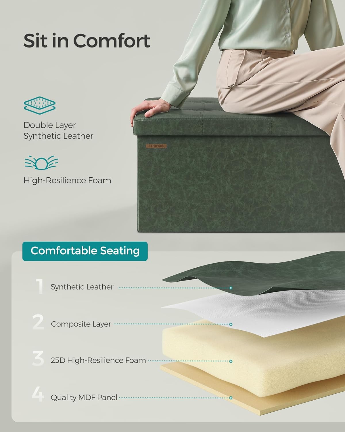 SONGMICS Mazie Collection - 43 Inches Folding Storage Ottoman Bench, Ottoman with Storage, Foot
