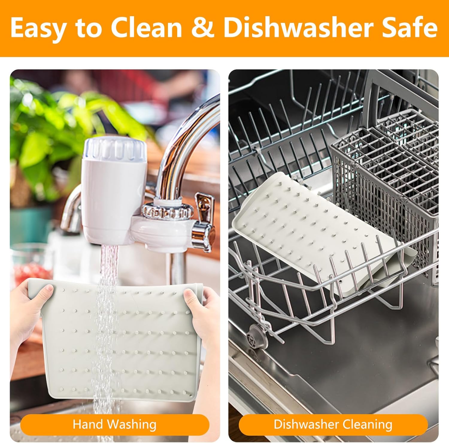 Silicone Dish Drying Mat for Kitchen Counter, Dish Drainer Mat, Non-Slip Drying Pad with Built-in