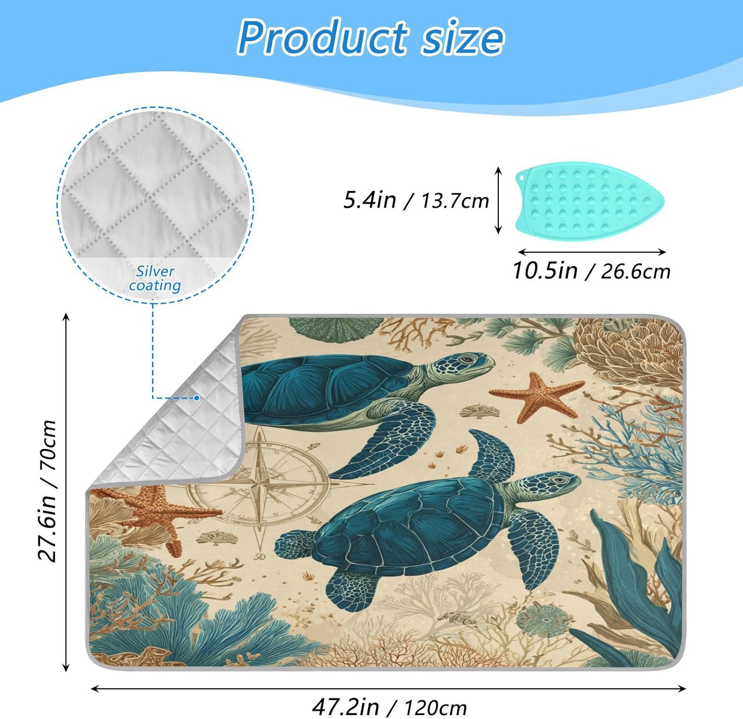 Sea Turtle Corals Starfish Ironing Mat for Table top Portable Ironing Pad Blanket for Washer Dryer