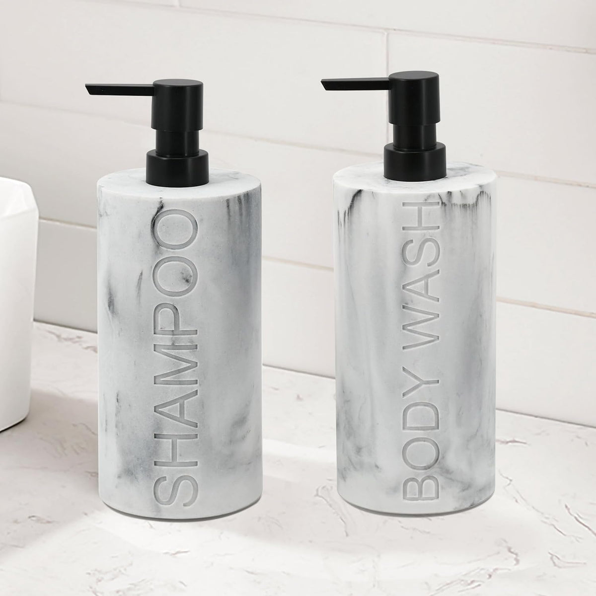 Marble Resin 2 Piece Shampoo and Body Wash Dispenser Set, Luxurious Refillable Pump Bottles with