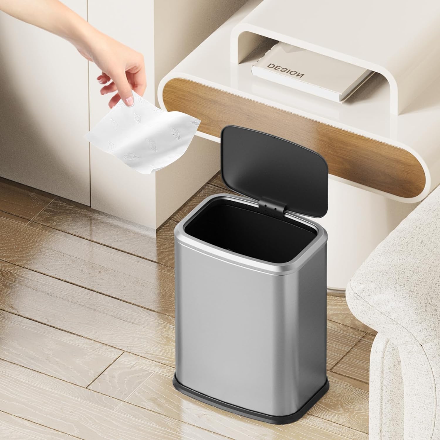 2.1 Gallon Bathroom Trash Can with Lid Press Top, 8 Liter Stainless Steel Garbage Can with Press