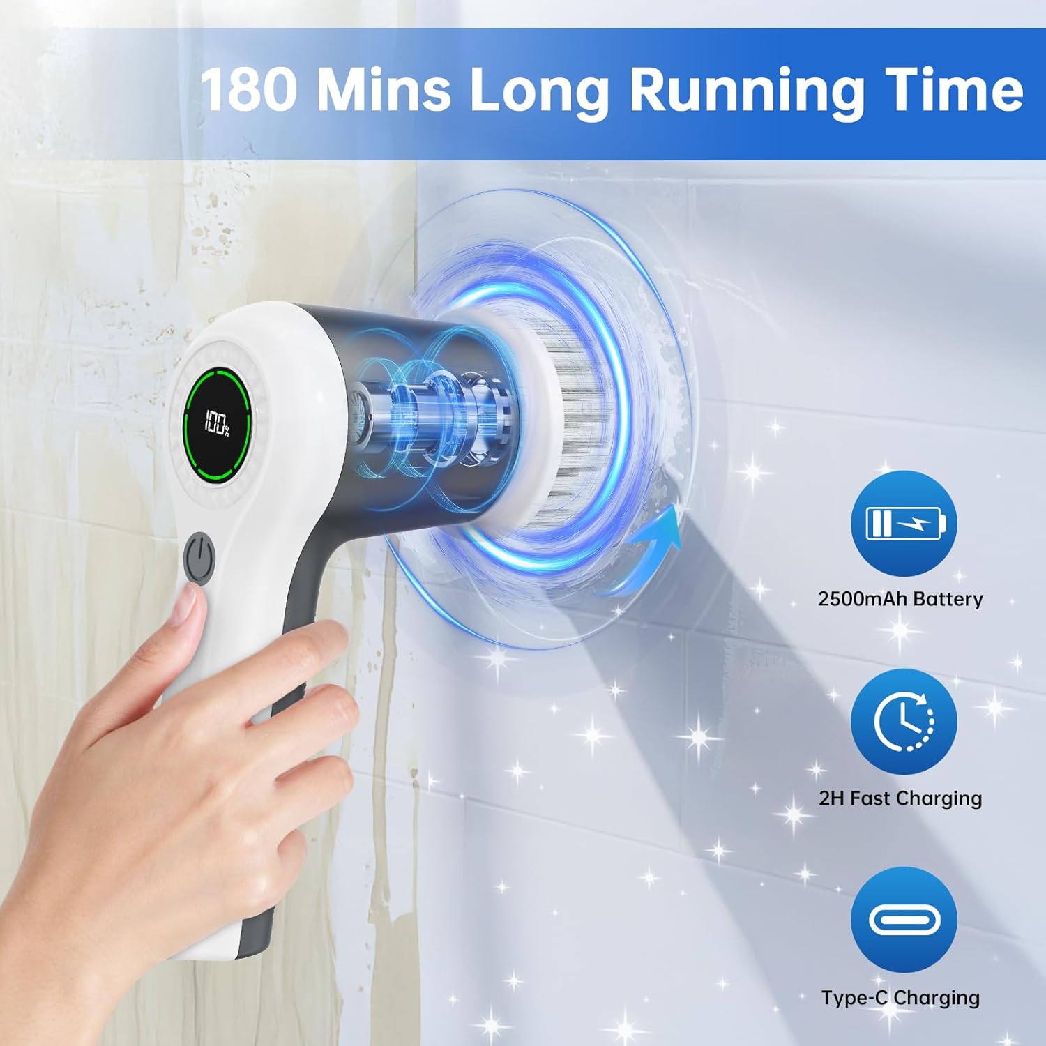 Electric Spin Scrubber, Cordless Shower Scrubber with Battery Level Display, 2 Speeds Electric