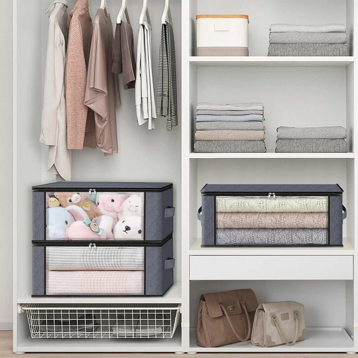 HomeHacks Storage 3-Pack Clothes Organizer Storage Bags Foldable Storage Box with Large Clear