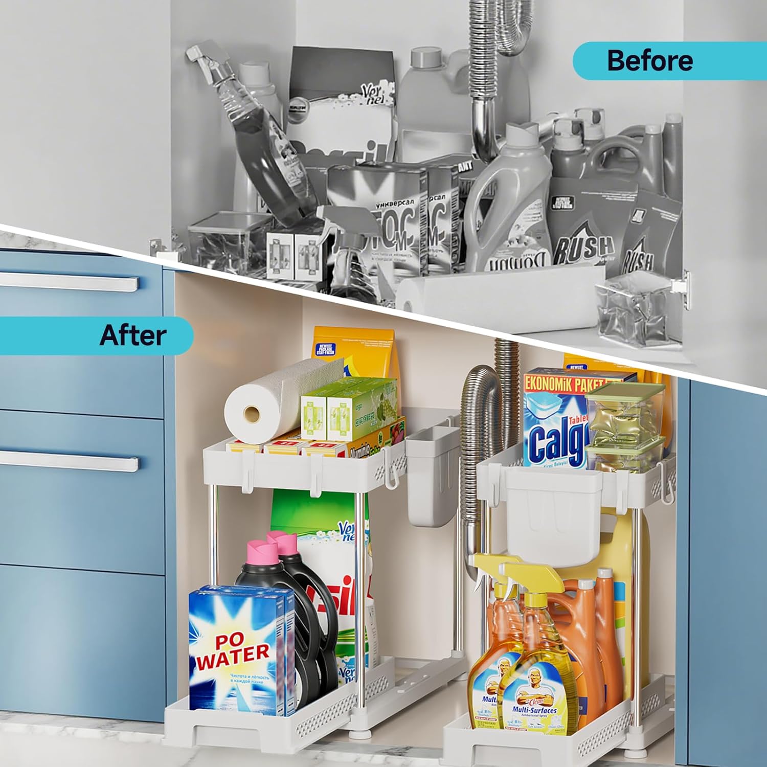 Under Sink Organizer, 2 Tier Pull Out Cabinet Organizer with Hooks Hanging Cup, Easy Installation &