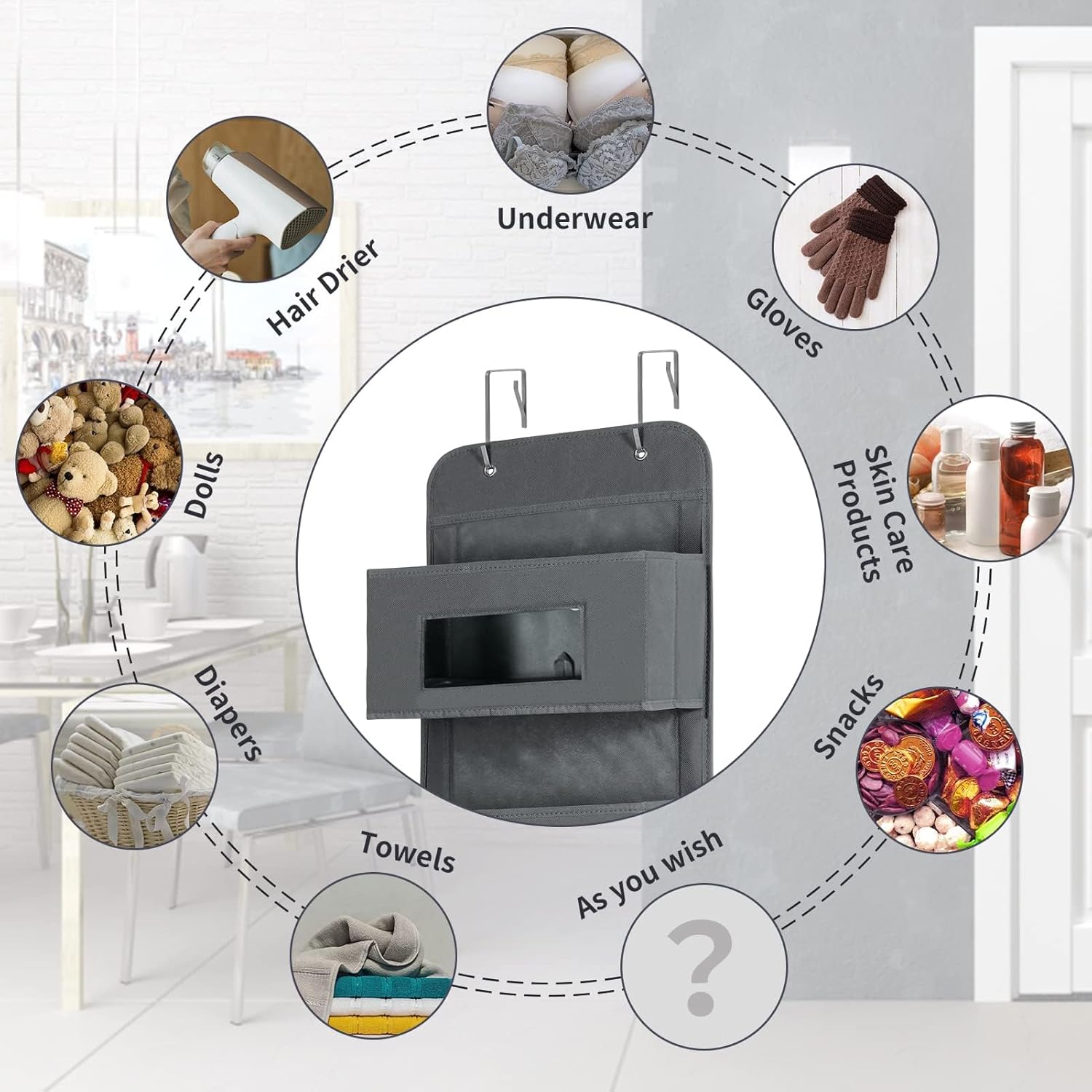 5-Shelf Over The Door Hanging Organizer with 2 Metal Hooks，5 Pocket Over The Door Wall Mount