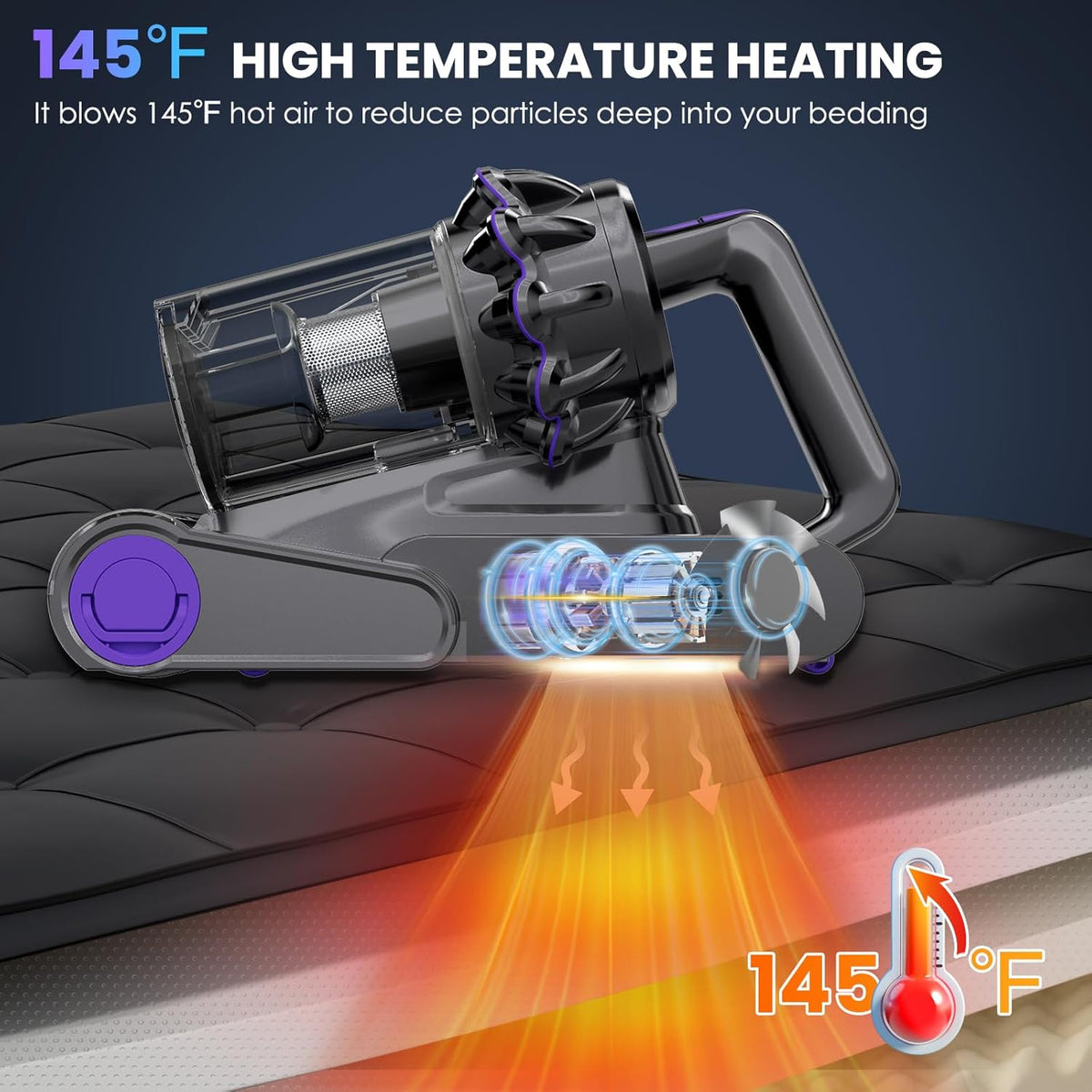 Mattress Vacuum Cleaner, 16Kpa Bed Vacuum Vleaner 253.7nm UV-C Light, 145°F Heat, HEPA Filter &