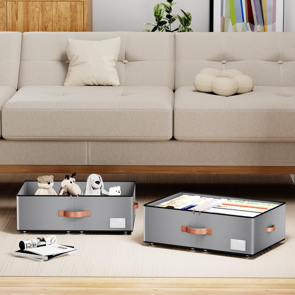 Under bed Storage With Wheels,Large Capacity 10 inches Height Storage Bins,Rolling Under bed Shoe