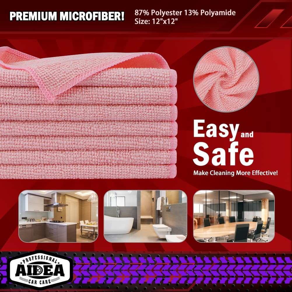 AIDEA Microfiber Cleaning Cloth Pink 10PK, Microfiber Towels for Cars, Premium Car Cloths, Dusting