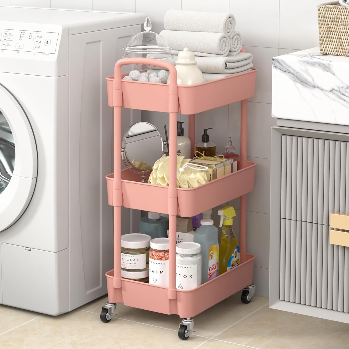 Sywhitta 3-Tier Plastic Rolling Utility Cart with Handle, Multi-Functional Storage Trolley for