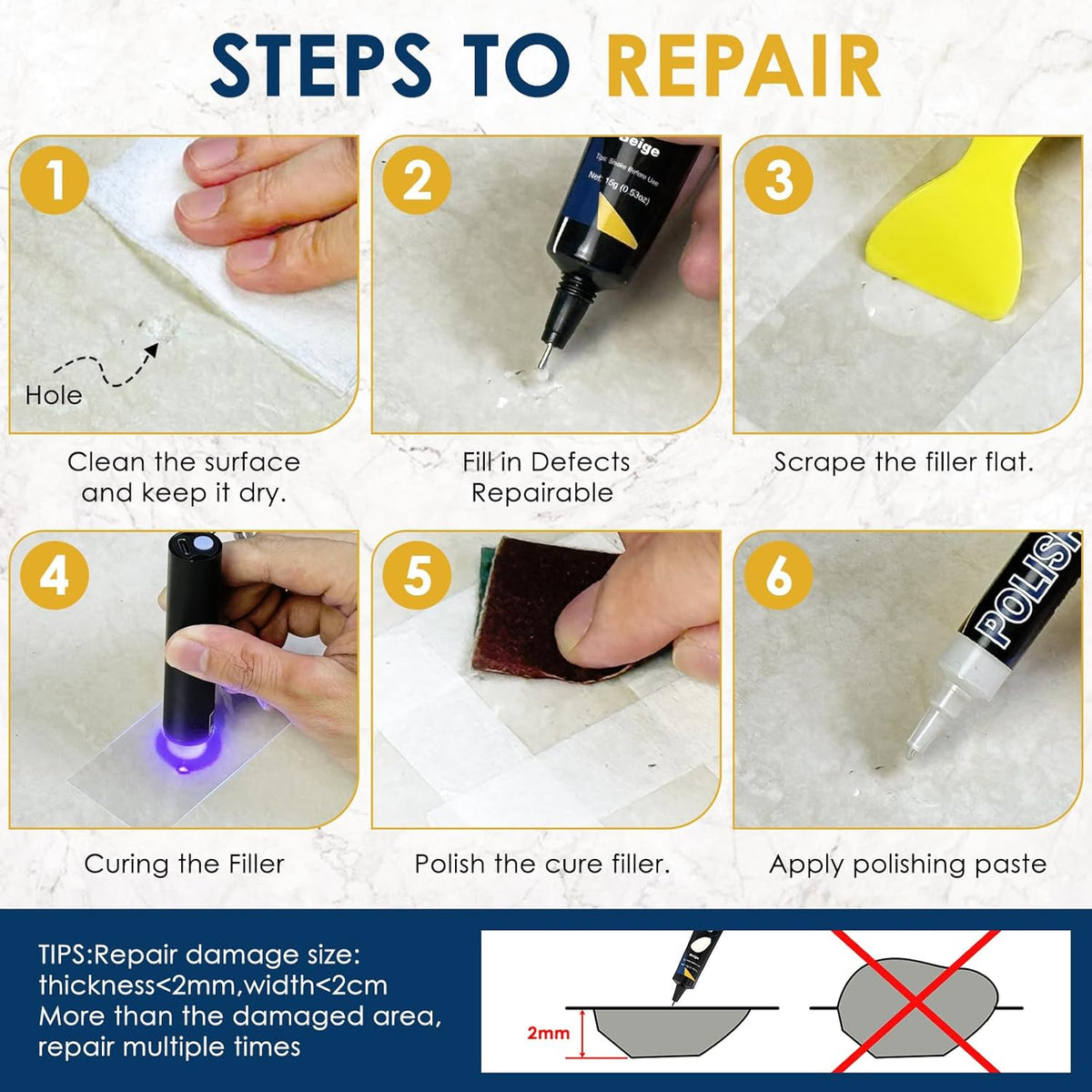 Quartz Countertop Repair Kit, Granite & Marble Repair Kit with 4*15g Filler(White,Beige