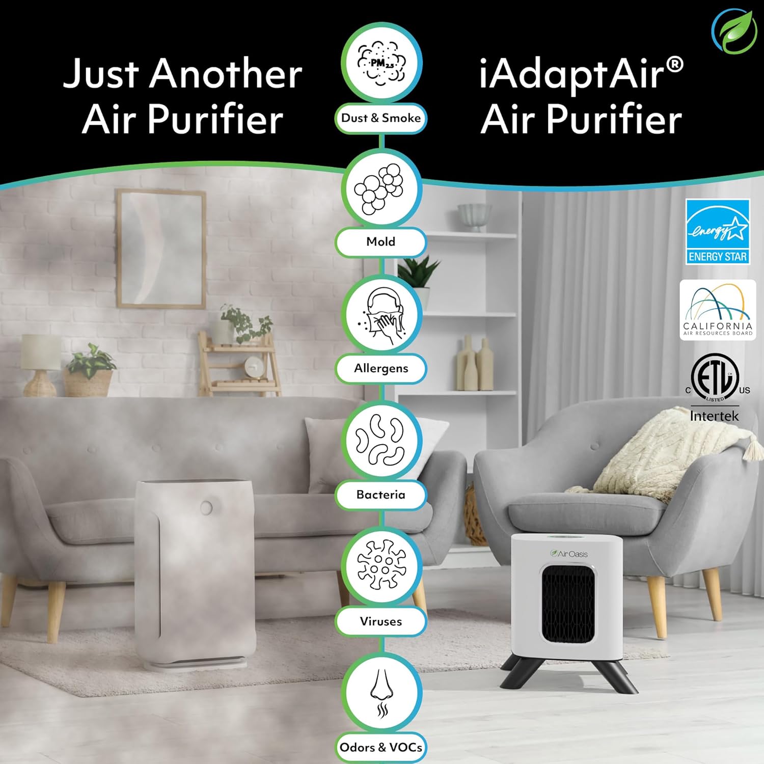 Air Oasis iAdaptAir 2.0 H13 HEPA Filter Air Purifier Reduces 99% of Viruses, Mold, Dust, Smoke