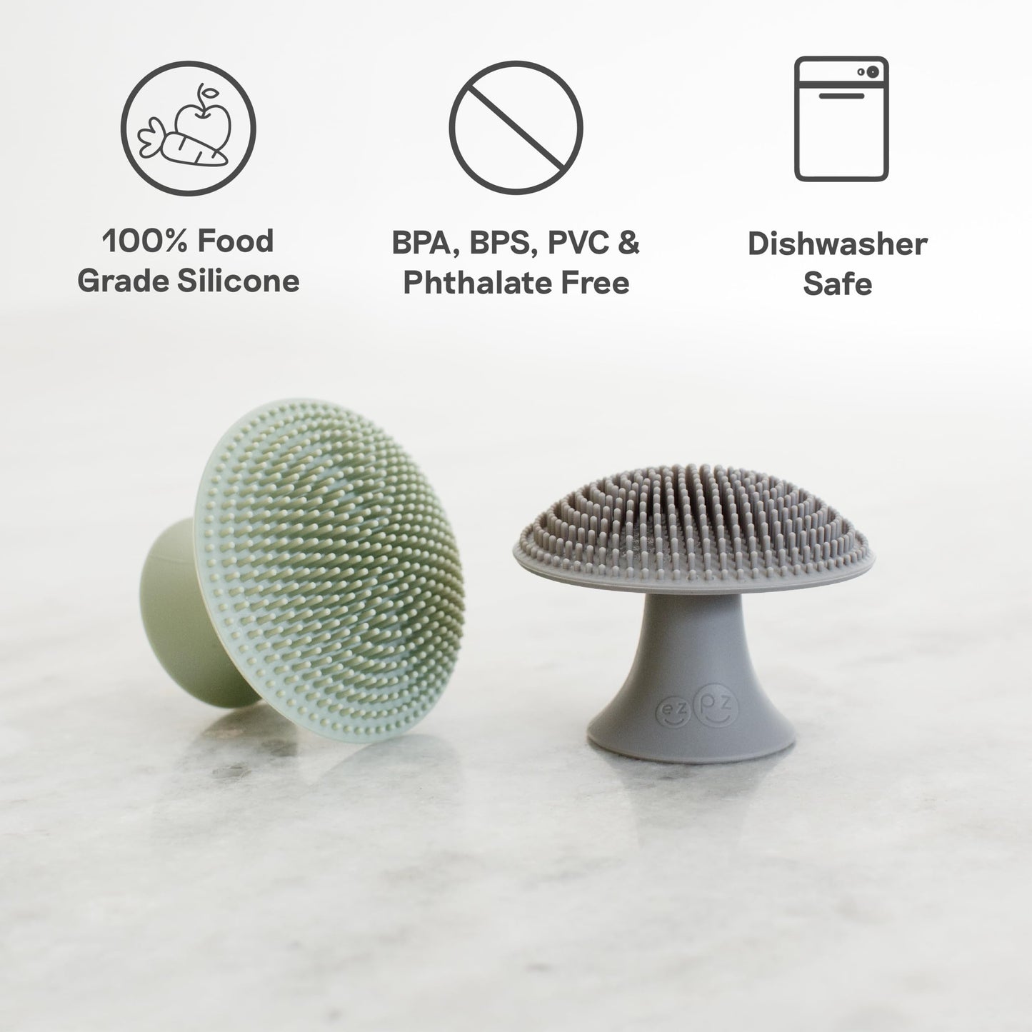 ezpz Mushroom Sponge (Gray) - Odor-Resistant Kitchen Sponge with Soft Bristles, Non-Slip Handle
