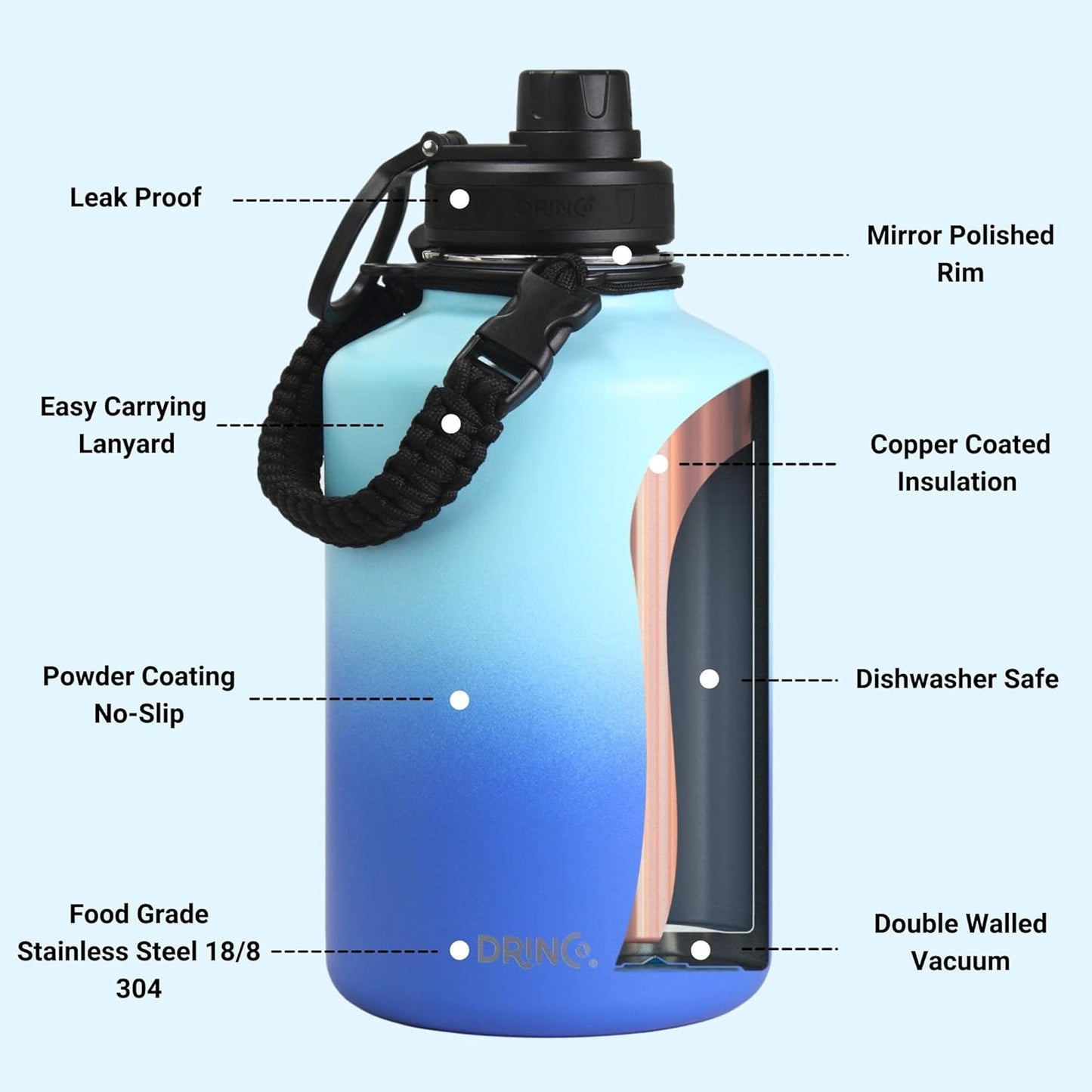 DRINCO Stainless Steel Water Bottle Spout Lid Vacuum Insulated Double Wall Water Bottle(64oz 40oz