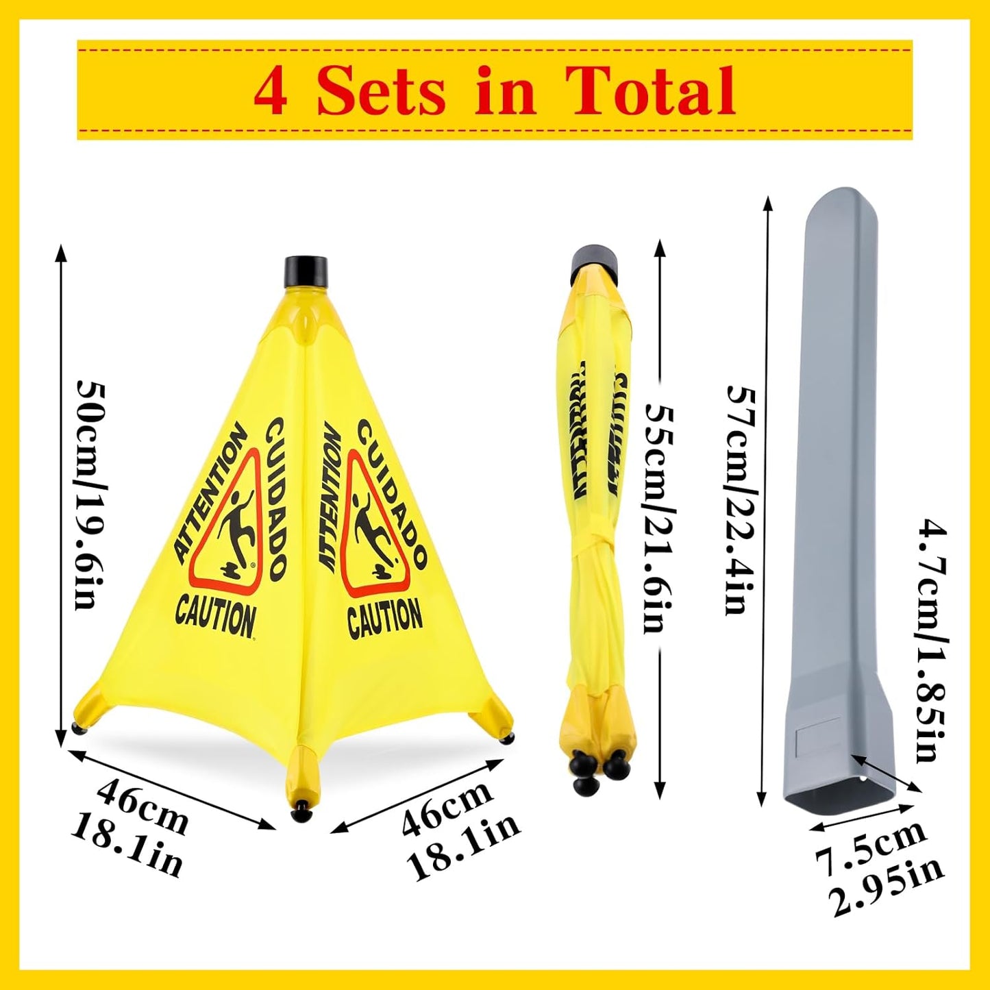 4-Packs Wet Floor Signs 20 Inch, Pop UP Bilingual Yellow Caution Wet Floor Sign with Wall Mounted