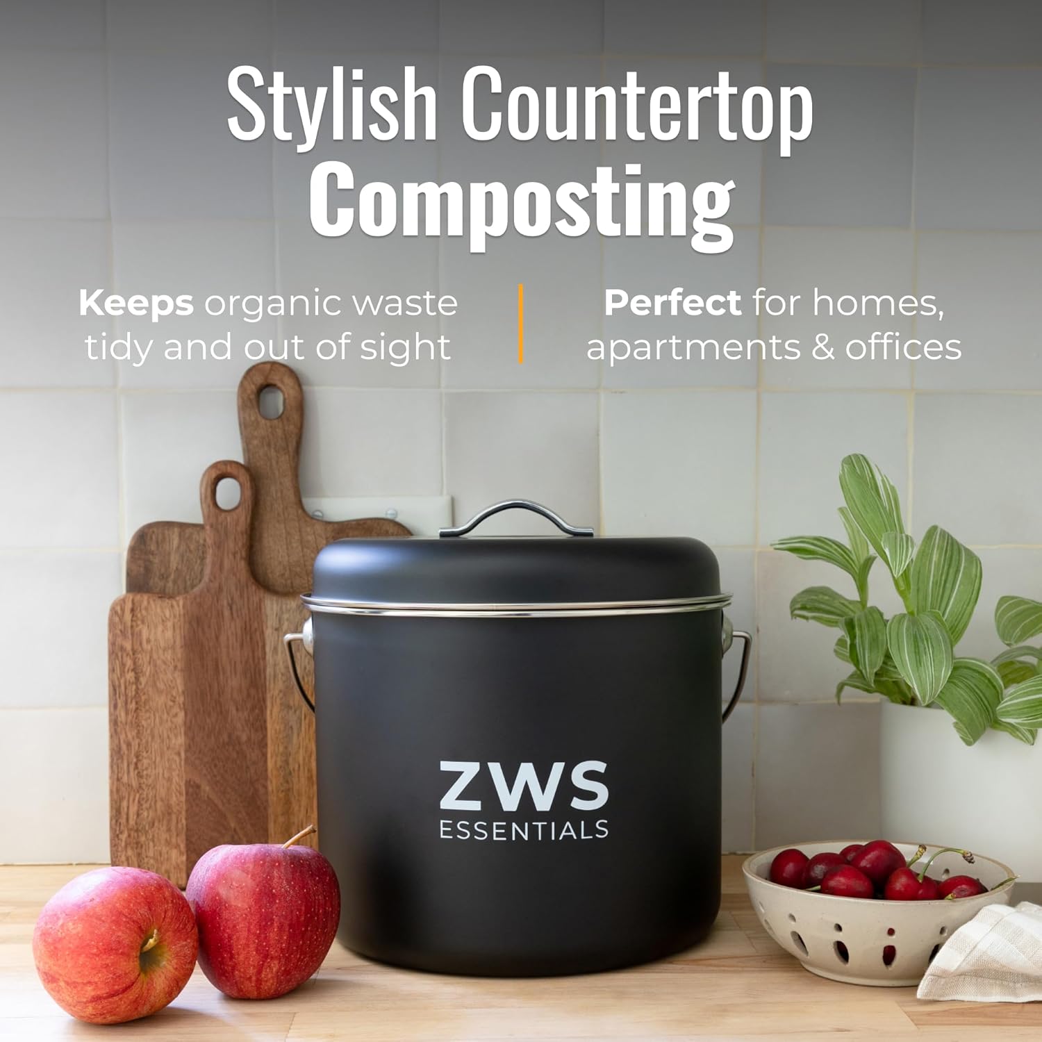 Black Stainless Steel Compost Bin | 6.5L Odor-Free Kitchen Countertop Food Scrap Pail with Charcoal