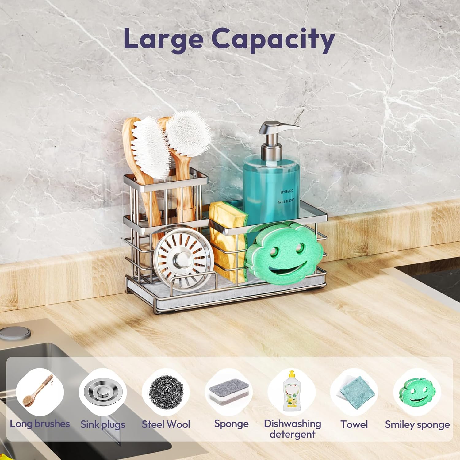 SWTYMIKI Kitchen Sink Caddy Organizer, Smiley Face Sponge Holder for Kitchen Sink, Instant Drying
