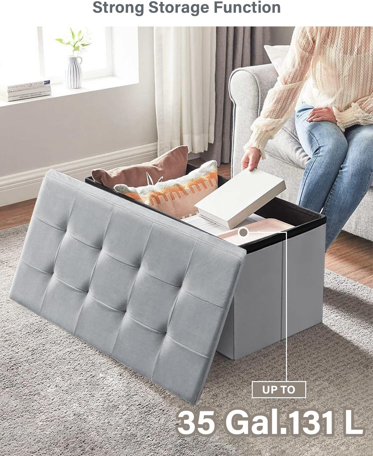 Folding Storage Ottoman, Velvet Storage Bench, Footrest, Removable Divider, for Living Room