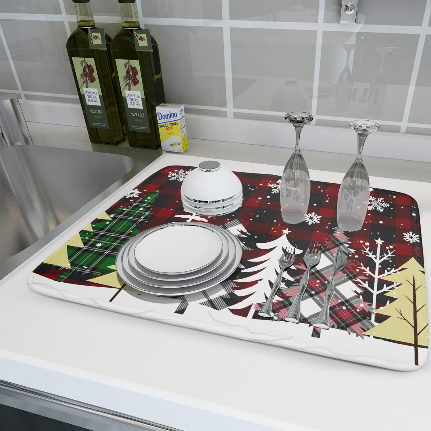 Christmas Dish Drying Mat for Kitchen Counter 16”x18” Christmas Tree Buffalo Plaid Dish Draining