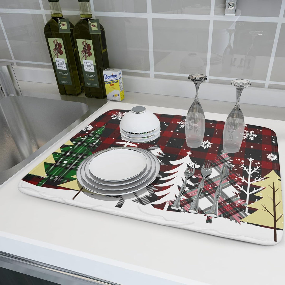 Merry Christmas Dish Drying Mat for Kitchen Counter 18x24 Inch Watercolor Buffalo Plaid Christmas