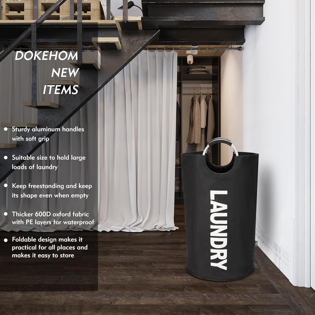 DOKEHOM 125L X-Large Laundry Basket, Collapsible Laundry Bag, Freestanding Tall Clothes Hamper
