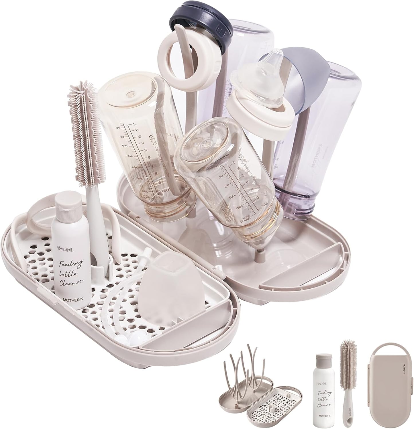 MOTHER-K Travel Baby Bottle Drying Rack Set - Baby Bottle Cleaner Kit with Cleanser and Mini